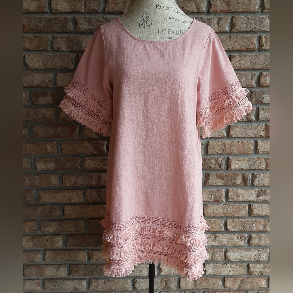 Umgee Boho Short Sleeve Dress with Fringe Detail.